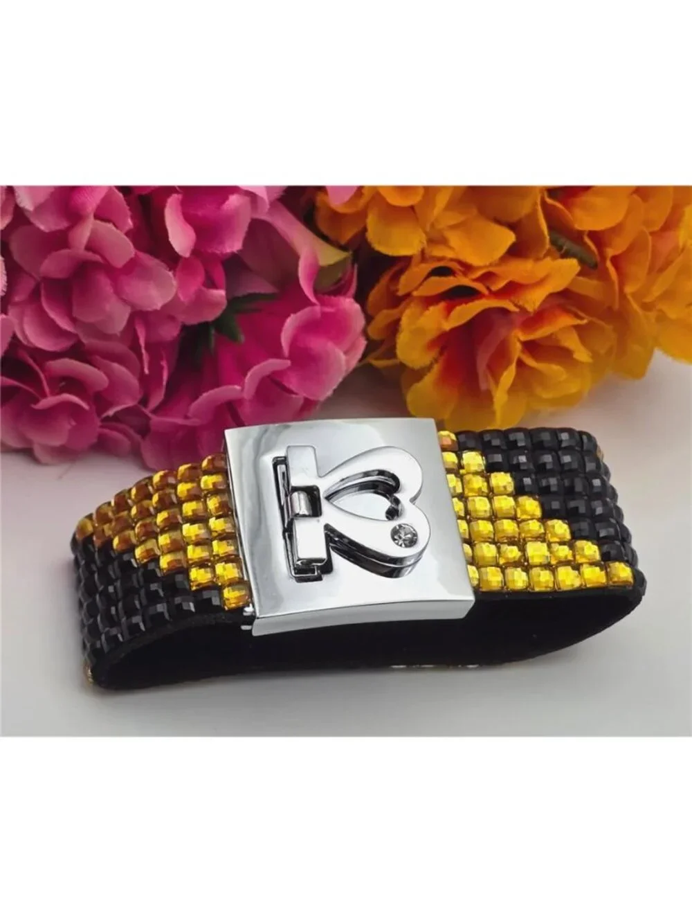 Black Gold Faceted Bead Leather Cuff Bracelet Heart Hook Clasp 6.5 In